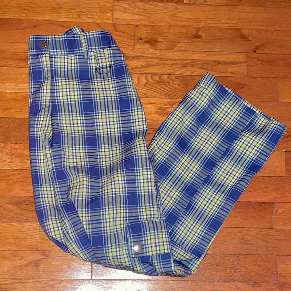 Blue and green plaid wide leg cargo pants with silver metal details